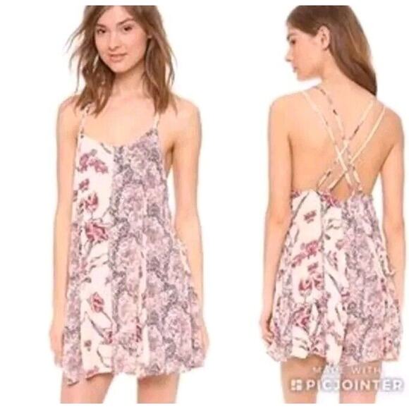 Free People Romper Womens Small Trapeze Bohemian Rayon Strappy Back Lace Up Side - Picture 1 of 12